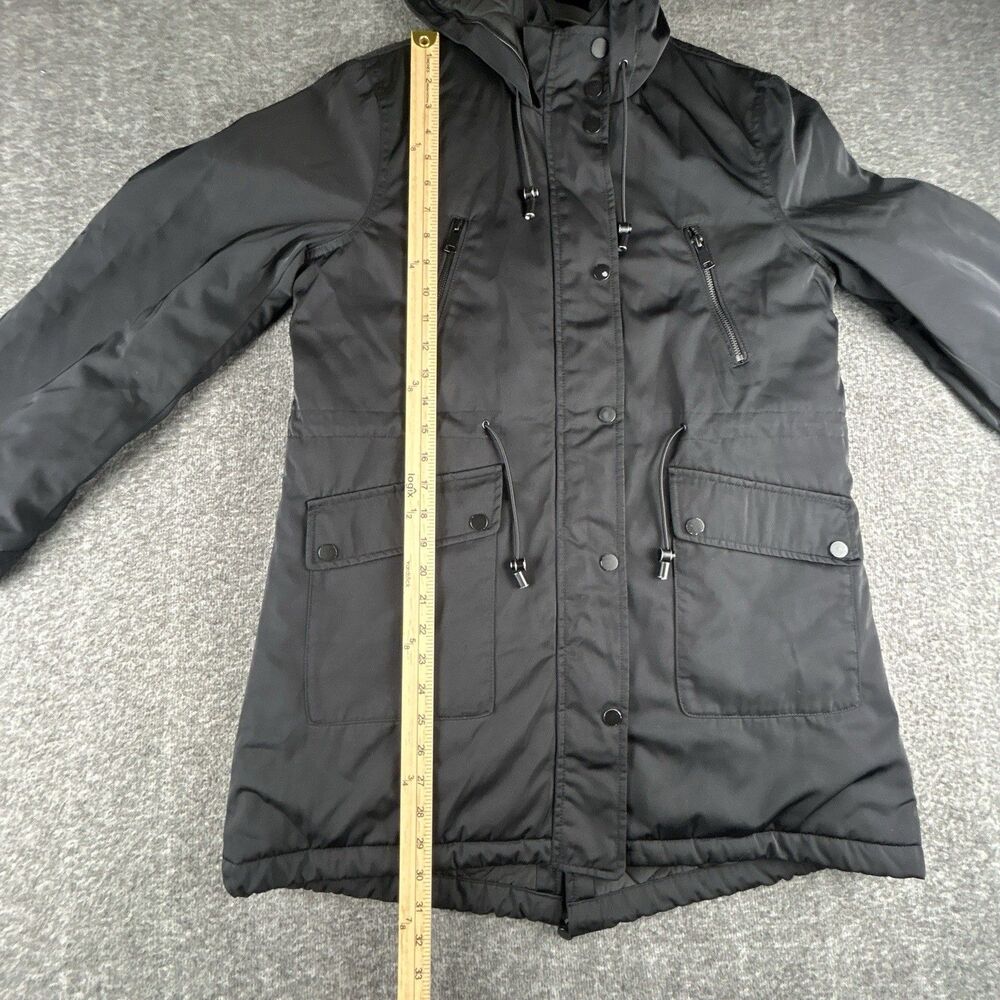 ZARA WOMAN Faux Fur Lined Parka Women’s Sz Medium Black Hooded Full Zip Pockets - Picture 9 of 11
